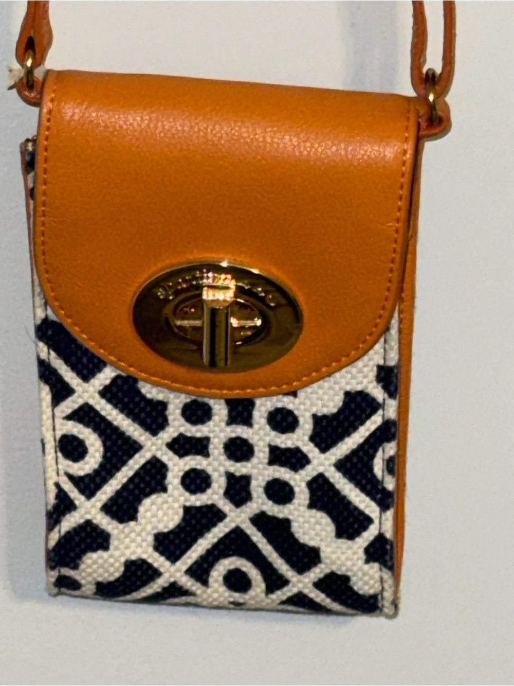 Spartina 449 Tan and Navy Geometric Crossbody Phone Bag